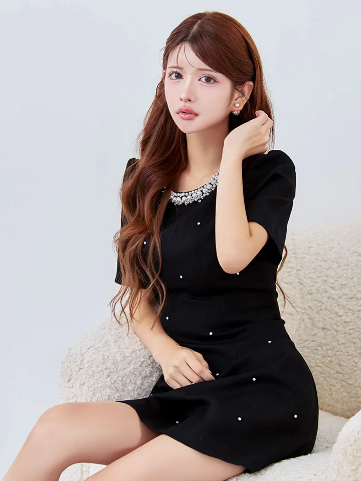 【GINZA COUTURE/銀座クチュール】パール/ ラインストーン/ 半袖/ 袖あり/ シンプル/ フレア/ Aライン/ ワンピース/ ミニドレス/ キャバドレス2