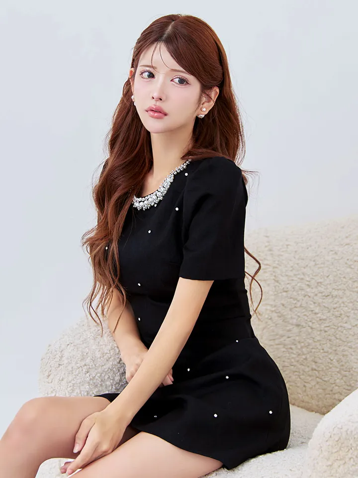 【GINZA COUTURE/銀座クチュール】パール/ ラインストーン/ 半袖/ 袖あり/ シンプル/ フレア/ Aライン/ ワンピース/ ミニドレス/ キャバドレス3
