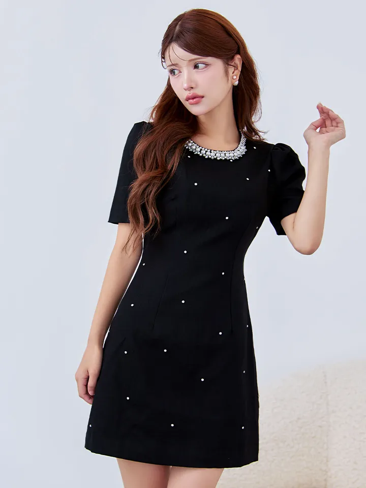 【GINZA COUTURE/銀座クチュール】パール/ ラインストーン/ 半袖/ 袖あり/ シンプル/ フレア/ Aライン/ ワンピース/ ミニドレス/ キャバドレス