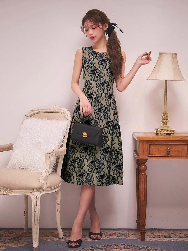  【GINZA COUTURE/銀座クチュール】ノースリーブ/ 花柄/ ミモレ丈/ フレア/ ワンピース/ ミディアムドレス/ キャバドレス1