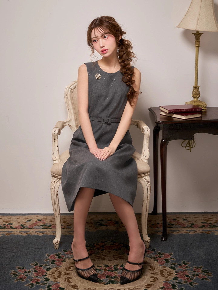  【GINZA COUTURE/銀座クチュール】フラワーブローチ/ ベルト/ ノースリーブ/ フレア/ Aライン/ ワンピース/ ミディアムドレス/ キャバドレス3