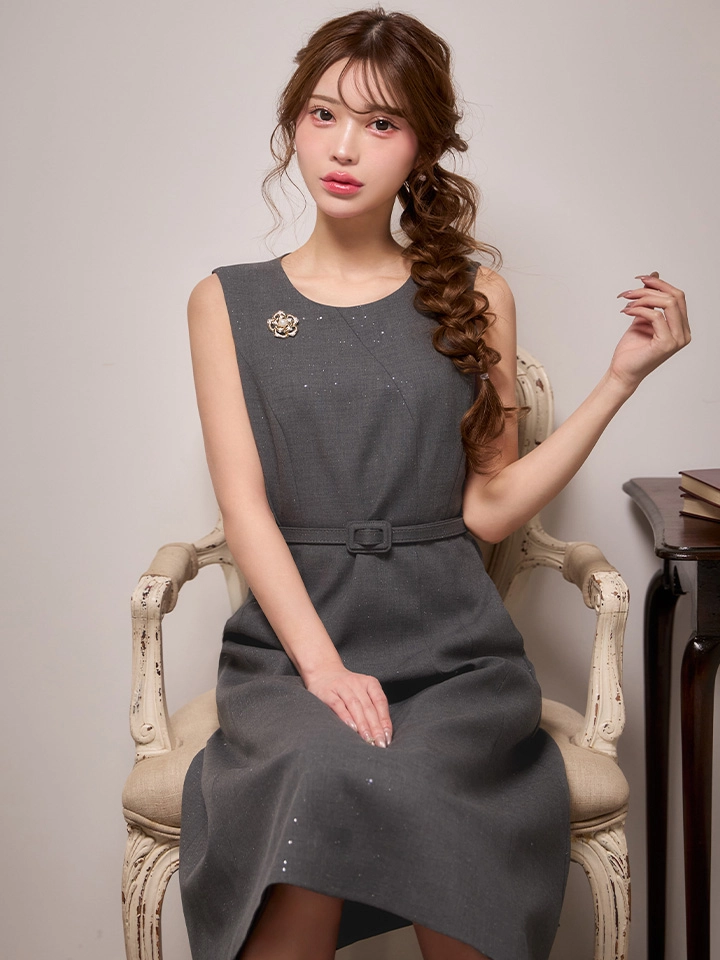  【GINZA COUTURE/銀座クチュール】フラワーブローチ/ ベルト/ ノースリーブ/ フレア/ Aライン/ ワンピース/ ミディアムドレス/ キャバドレス5