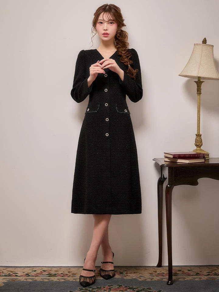 【GINZA COUTURE/銀座クチュール】ツイード/ ビジュー/ 袖あり/ フレア/ Aライン/ ワンピース/ ミディアムドレス/ キャバドレス1