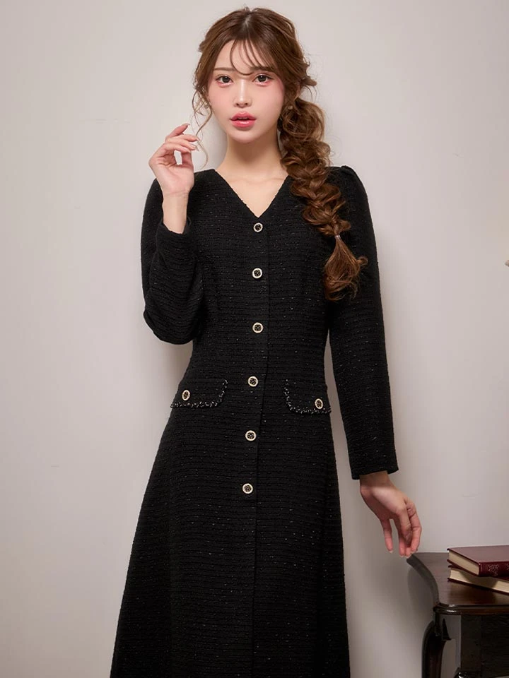 【GINZA COUTURE/銀座クチュール】ツイード/ ビジュー/ 袖あり/ フレア/ Aライン/ ワンピース/ ミディアムドレス/ キャバドレス3