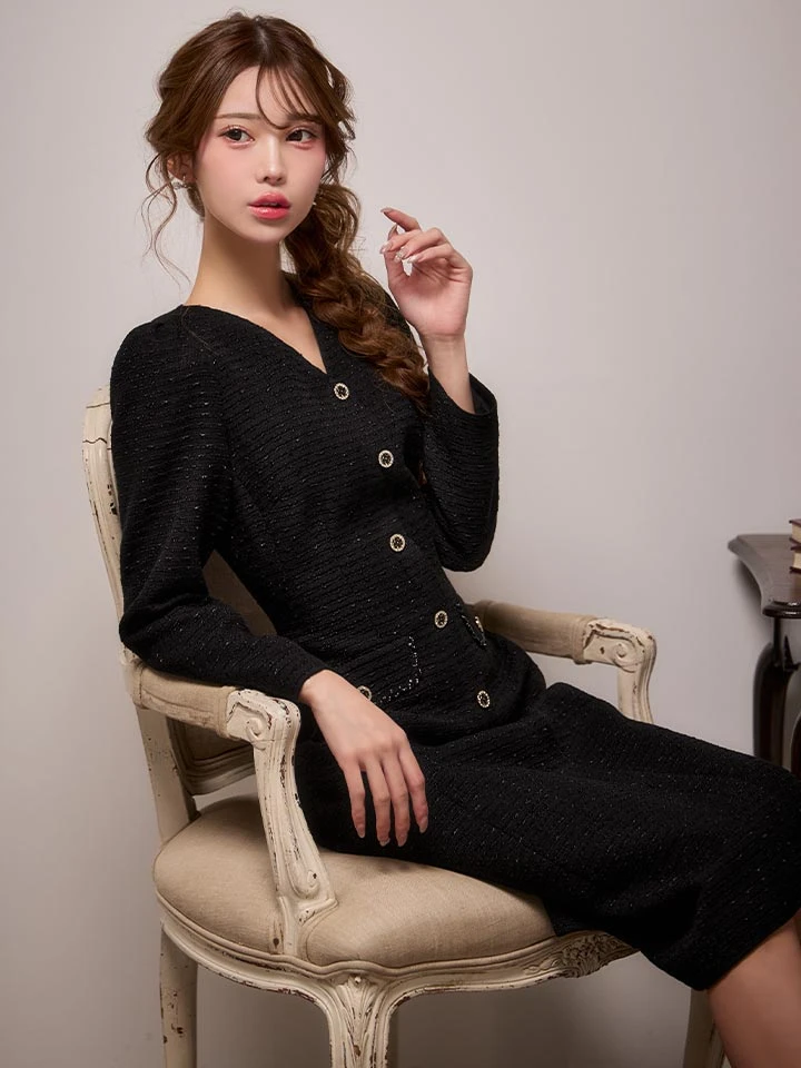 【GINZA COUTURE/銀座クチュール】ツイード/ ビジュー/ 袖あり/ フレア/ Aライン/ ワンピース/ ミディアムドレス/ キャバドレス4