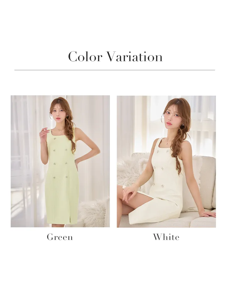 【GINZA COUTURE/銀座クチュール】ツイード/ ビジューボタン/ スリット/ スクエアネック/ ノースリーブ/ タイト/ ミディアムドレス/ キャバドレスバリエーション