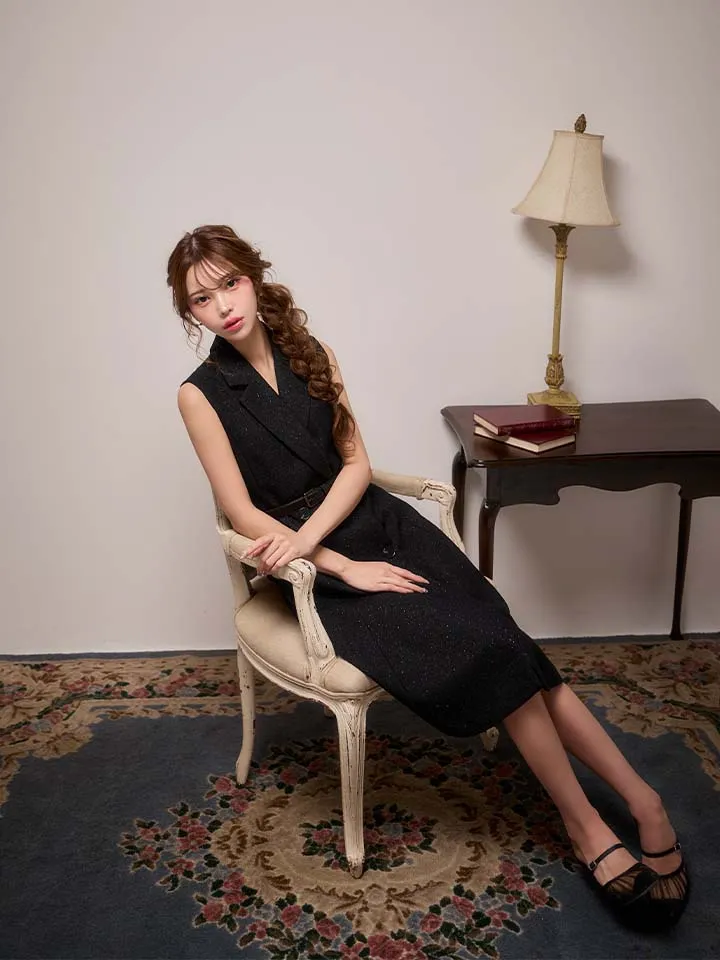 【GINZA COUTURE/銀座クチュール】ラメ/ Vネック/ ウエストベルト/ ノースリーブ/ ワンピース/ ミディアムドレス/ キャバドレス