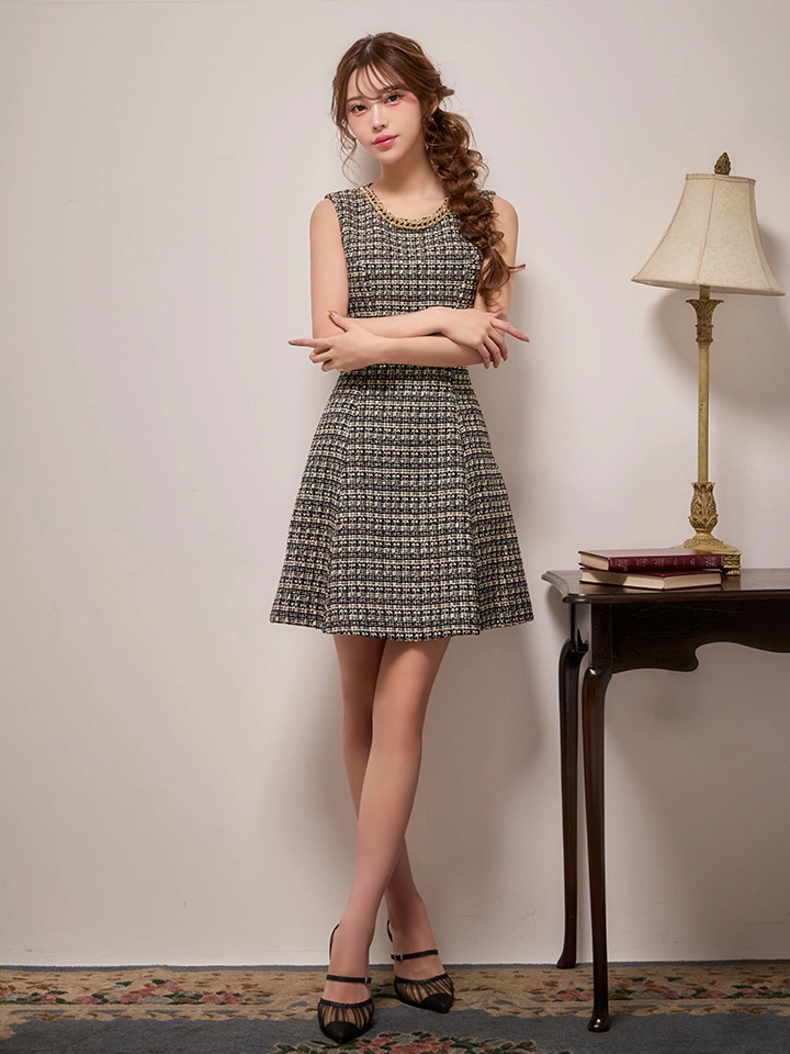 【GINZA COUTURE/銀座クチュール】ツイード/ ノースリーブ/ チェック柄/ Aライン/ フレア/ ミニドレス/ キャバドレス1