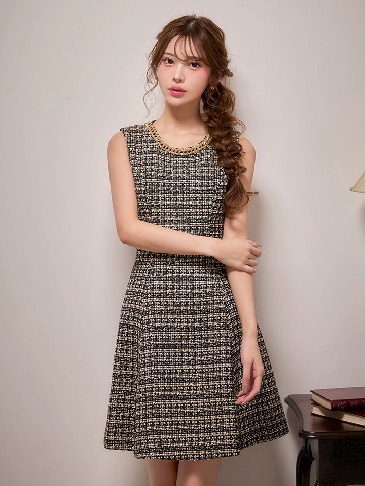 【GINZA COUTURE/銀座クチュール】ツイード/ ノースリーブ/ チェック柄/ Aライン/ フレア/ ミニドレス/ キャバドレス2