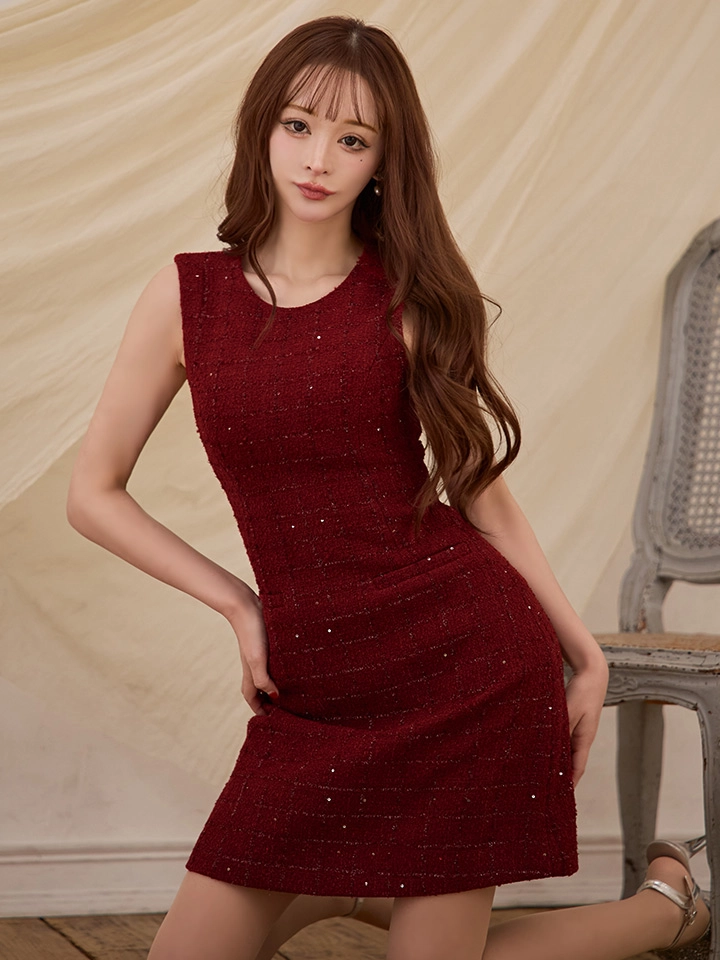 【GINZA COUTURE/銀座クチュール】ラメツイード/ フェイクポケット/ スパンコール/ ノースリーブ/ チェック/ Aライン/ フレア/ ワンピース/ ミニドレス/ キャバドレス5