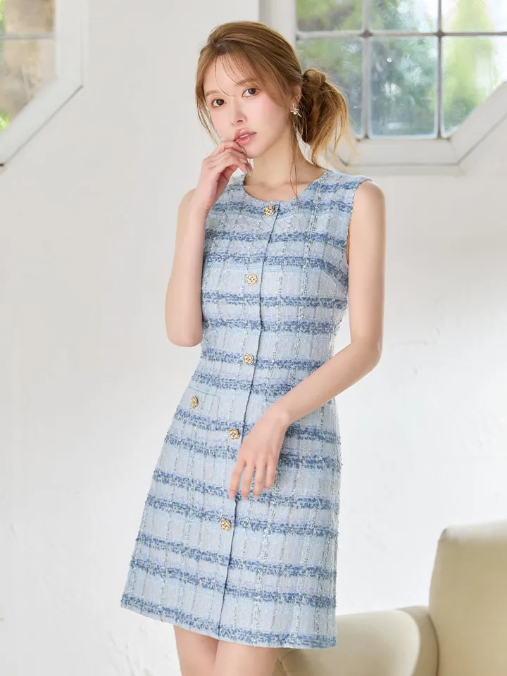 【GINZA COUTURE/銀座クチュール】MIXツイード/ ゴールドボタン/ ノースリーブ/ チェック柄/ Aライン/ フレア/ ミニドレス/ キャバドレス4