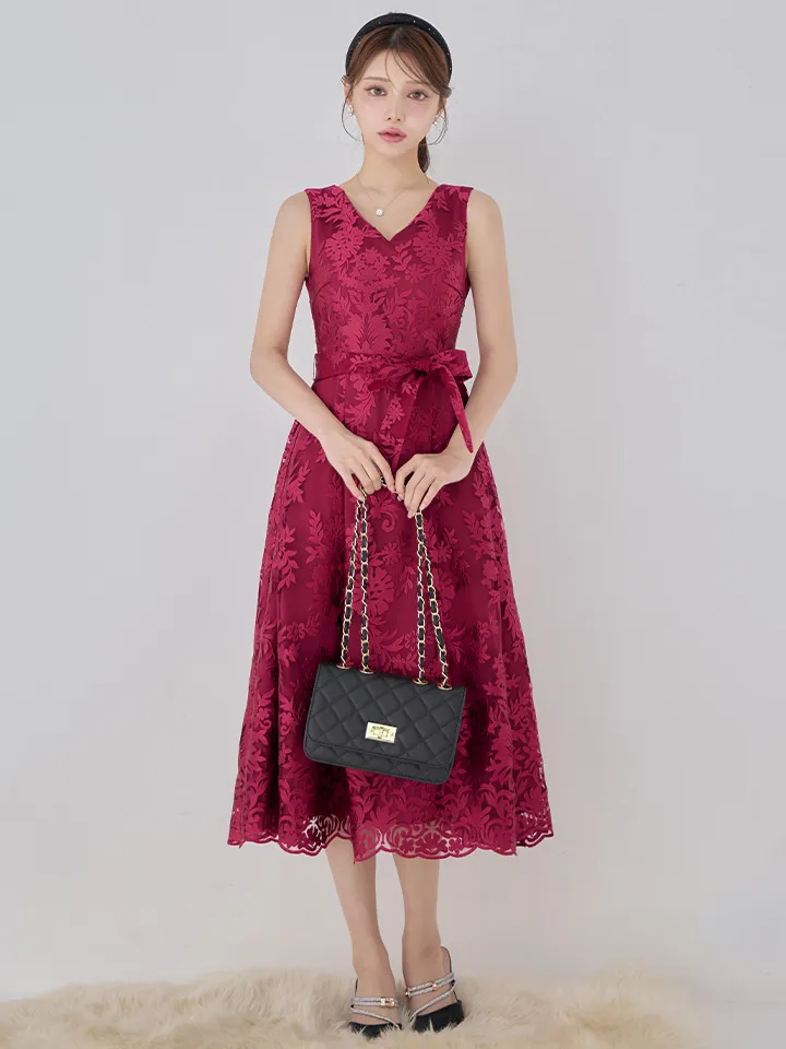 【GINZA COUTURE/銀座クチュール】総レース/ ノースリーブ/ ウエストリボン/ Aライン/ フレア/ 膝丈/ ワンピース/ ミディアムドレス/ キャバドレス1