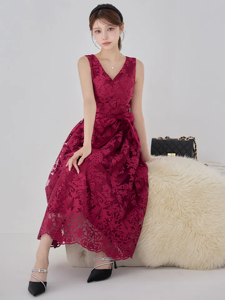 【GINZA COUTURE/銀座クチュール】総レース/ ノースリーブ/ ウエストリボン/ Aライン/ フレア/ 膝丈/ ワンピース/ ミディアムドレス/ キャバドレス3