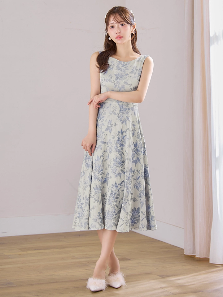 【GINZA COUTURE/銀座クチュール】フラワープリント/ ボートネック/ ノースリーブ/ ハイウエスト/ Aライン/ フレア/ ワンピース/ ミディアムドレス/ キャバドレス1