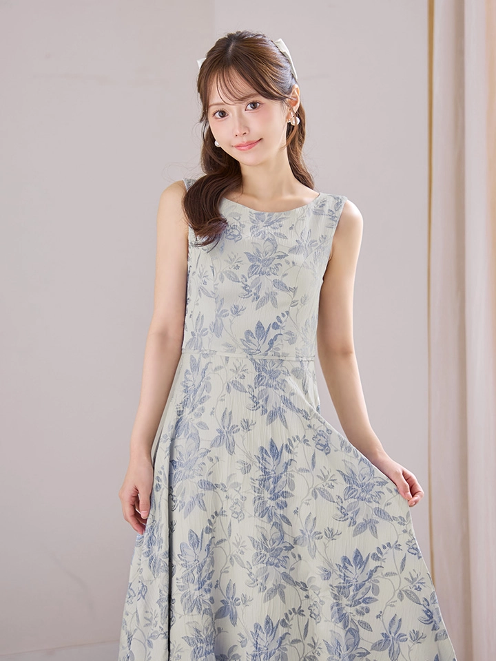 【GINZA COUTURE/銀座クチュール】フラワープリント/ ボートネック/ ノースリーブ/ ハイウエスト/ Aライン/ フレア/ ワンピース/ ミディアムドレス/ キャバドレス2