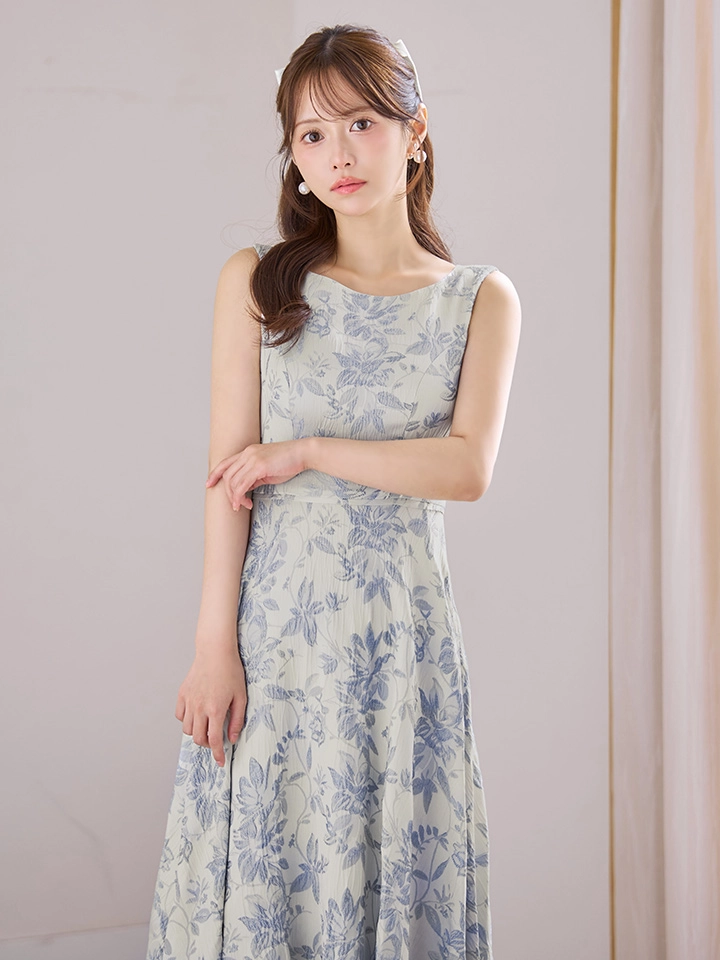 【GINZA COUTURE/銀座クチュール】フラワープリント/ ボートネック/ ノースリーブ/ ハイウエスト/ Aライン/ フレア/ ワンピース/ ミディアムドレス/ キャバドレス3