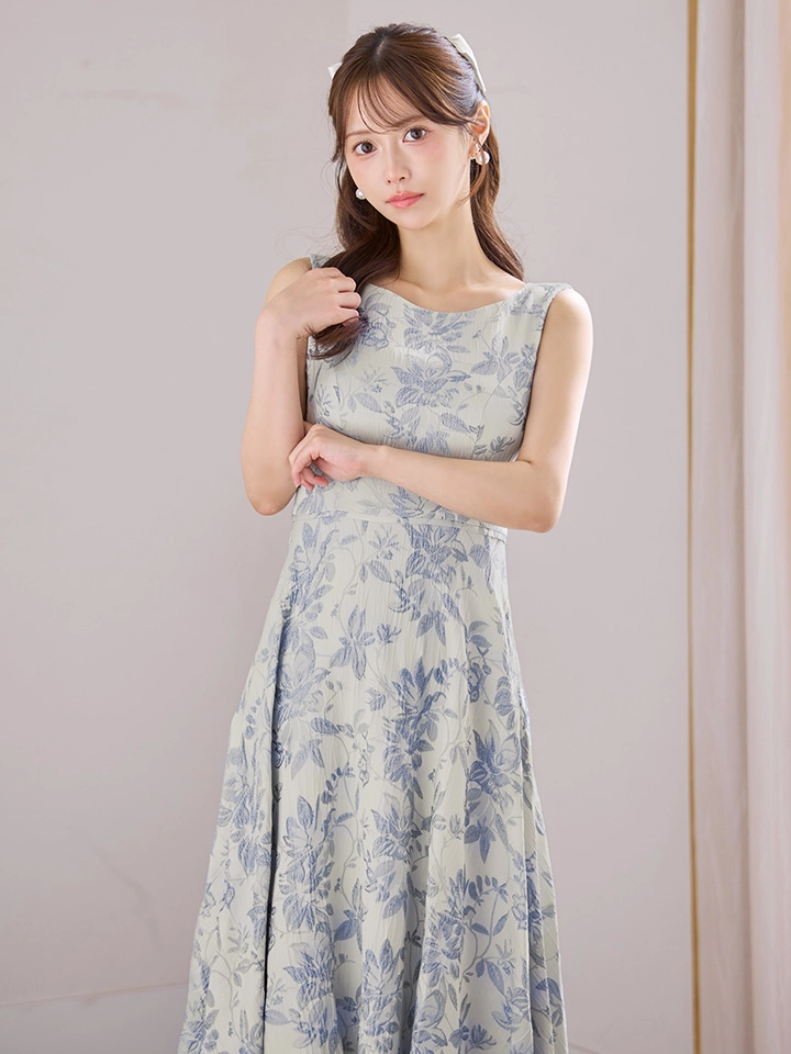 【GINZA COUTURE/銀座クチュール】フラワープリント/ ボートネック/ ノースリーブ/ ハイウエスト/ Aライン/ フレア/ ワンピース/ ミディアムドレス/ キャバドレス4