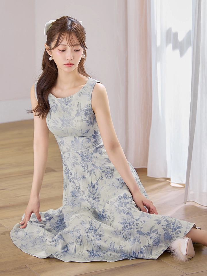 【GINZA COUTURE/銀座クチュール】フラワープリント/ ボートネック/ ノースリーブ/ ハイウエスト/ Aライン/ フレア/ ワンピース/ ミディアムドレス/ キャバドレス5