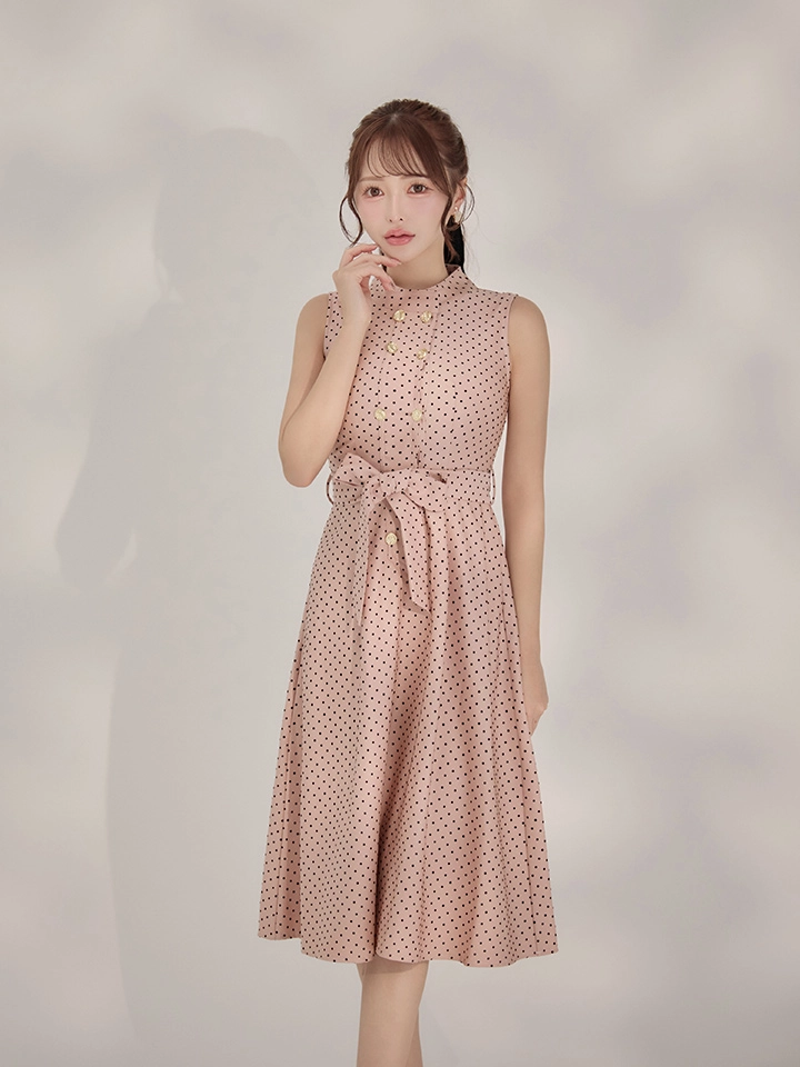 【GINZA COUTURE/銀座クチュール】ドット/ ボタン/ ハイネック/ ノースリーブ/ Aライン/ フレア/ 膝丈/ ミディアムドレス/ キャバドレス2