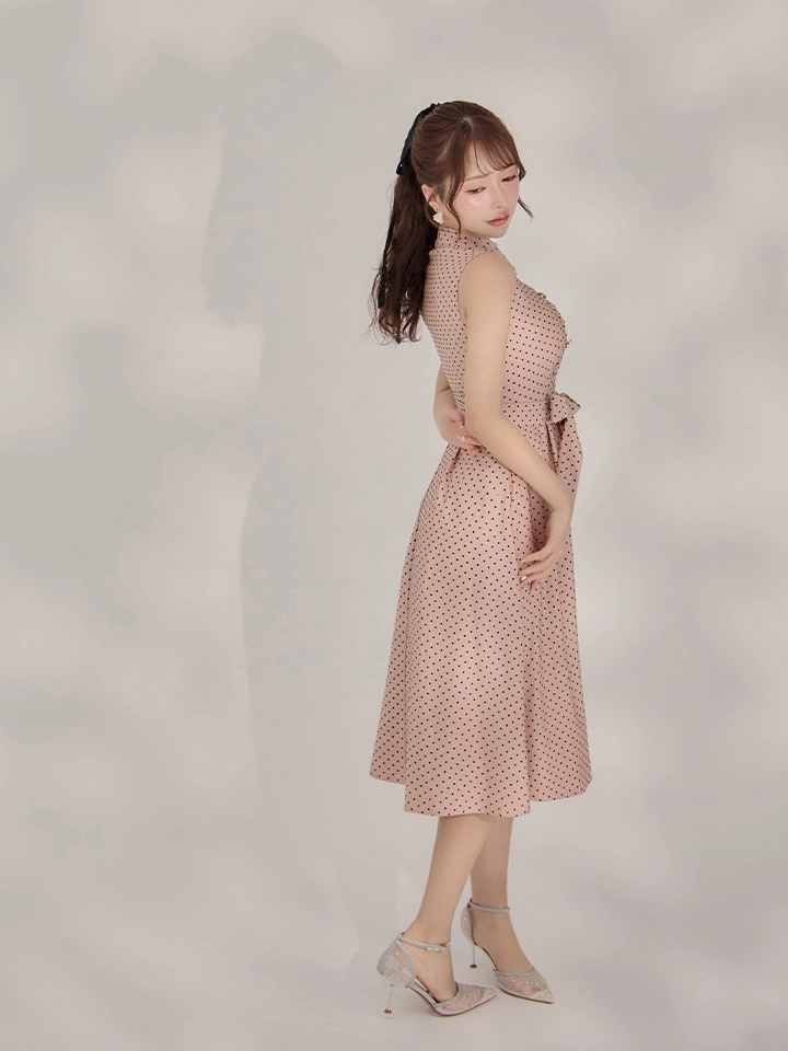 【GINZA COUTURE/銀座クチュール】ドット/ ボタン/ ハイネック/ ノースリーブ/ Aライン/ フレア/ 膝丈/ ミディアムドレス/ キャバドレス3