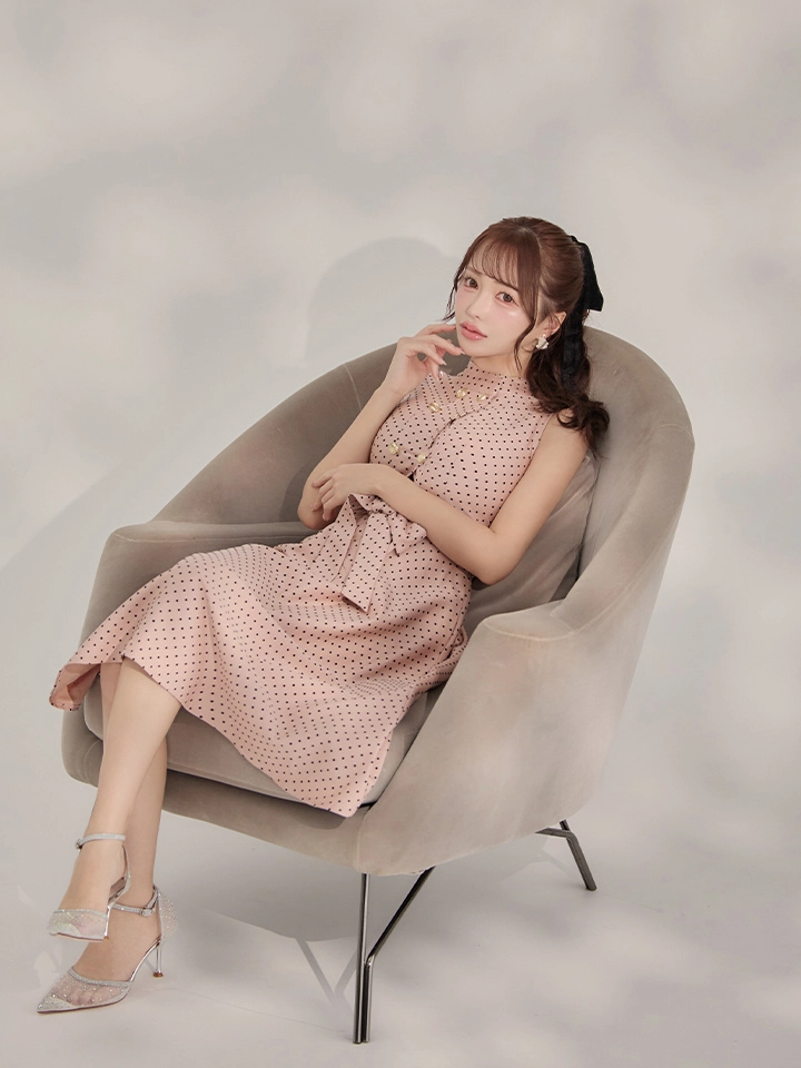 【GINZA COUTURE/銀座クチュール】ドット/ ボタン/ ハイネック/ ノースリーブ/ Aライン/ フレア/ 膝丈/ ミディアムドレス/ キャバドレス4