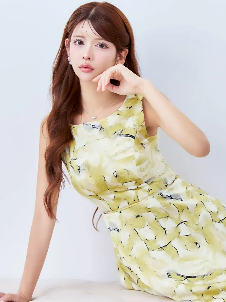 【【GINZA COUTURE/銀座クチュール】ボートネック/ プリント/ サテン/ ノースリーブ/ Aライン/ 膝丈/ フレア/ ミディアムドレス/ キャバドレス2