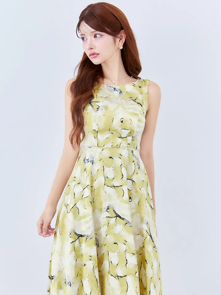 【GINZA COUTURE/銀座クチュール】ボートネック/ プリント/ サテン/ ノースリーブ/ Aライン/ 膝丈/ フレア/ ミディアムドレス/ キャバドレス4