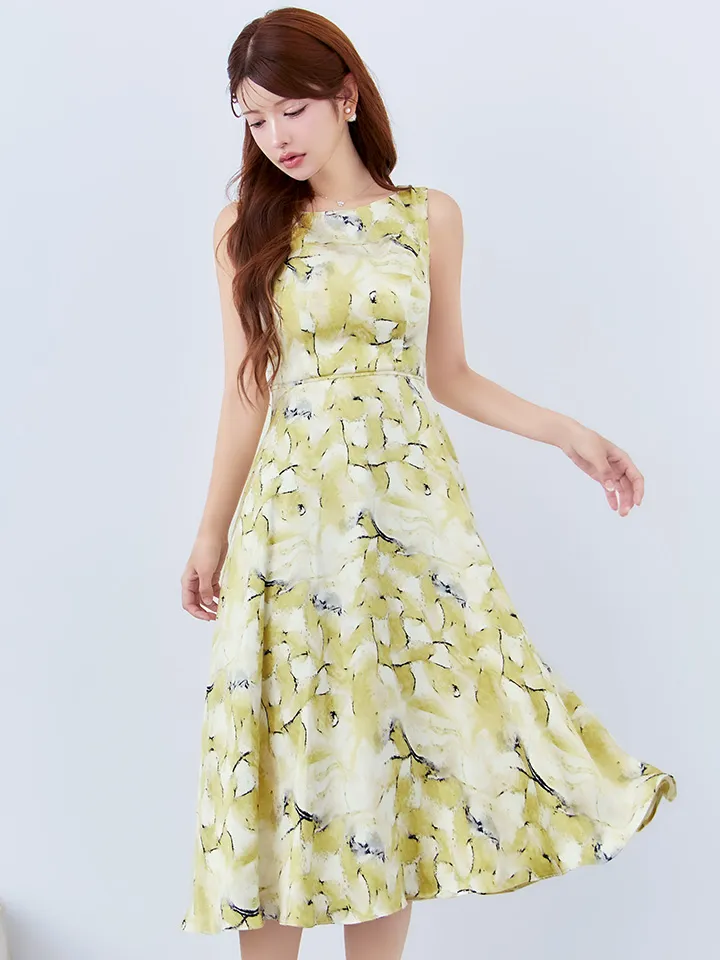 【GINZA COUTURE/銀座クチュール】ボートネック/ プリント/ サテン/ ノースリーブ/ Aライン/ 膝丈/ フレア/ ミディアムドレス/ キャバドレス5