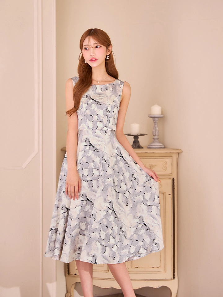 【GINZA COUTURE/銀座クチュール】ボートネック/ プリント/ サテン/ ノースリーブ/ Aライン/ 膝丈/ フレア/ ミディアムドレス/ キャバドレス2