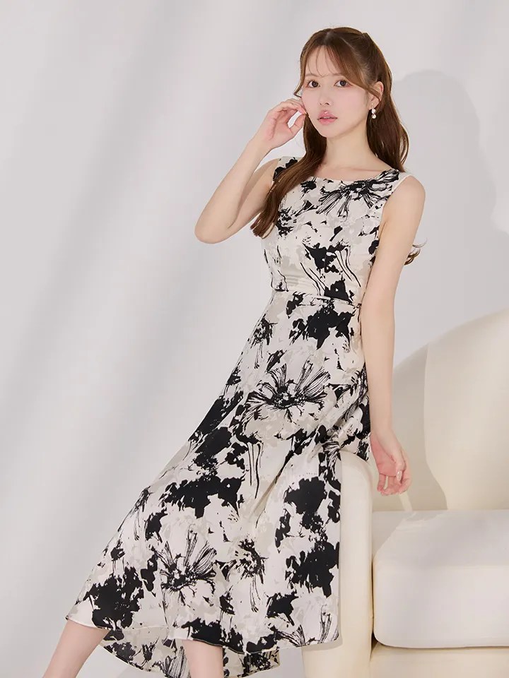 【GINZA COUTURE/銀座クチュール】花柄/ フラワープリント/ モノトーン/ ノースリーブ/ フレア/ Aライン/ ワンピース/ ミディアムドレス/ キャバドレス3
