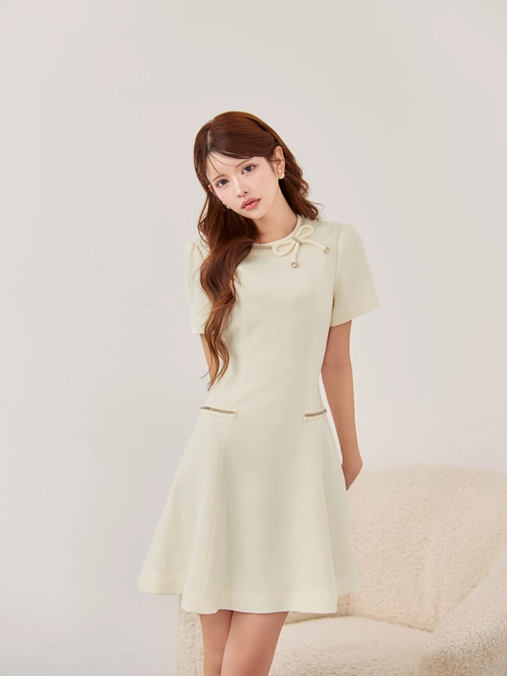 【GINZA COUTURE/銀座クチュール】ネックリボン/ 半袖/ 袖あり/ ラインストーン/ フェイクポケット/ フレア/ Aライン/ ワンピース/ ミニドレス/ キャバドレス2