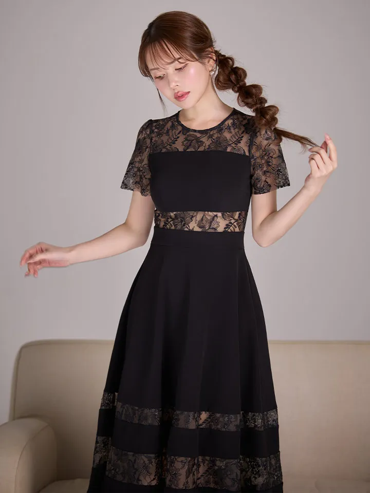 【ERUKEI エルケイ】レース/ 切替/ 半袖/ 袖あり/ ひざ丈/ Aライン/ フレア/ ワンピース/ ミディアムドレス/1