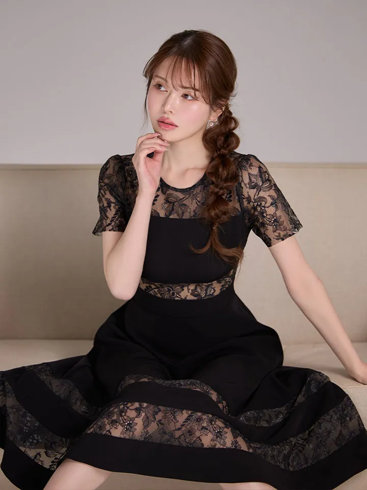 【ERUKEI エルケイ】レース/ 切替/ 半袖/ 袖あり/ ひざ丈/ Aライン/ フレア/ ワンピース/ ミディアムドレス/2