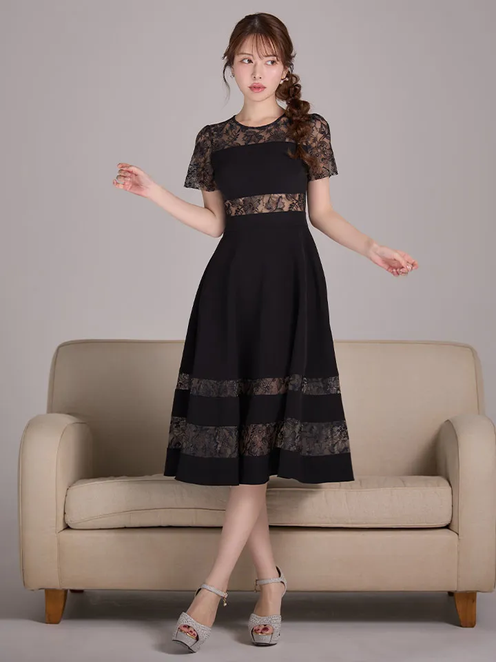 【ERUKEI エルケイ】レース/ 切替/ 半袖/ 袖あり/ ひざ丈/ Aライン/ フレア/ ワンピース/ ミディアムドレス/3