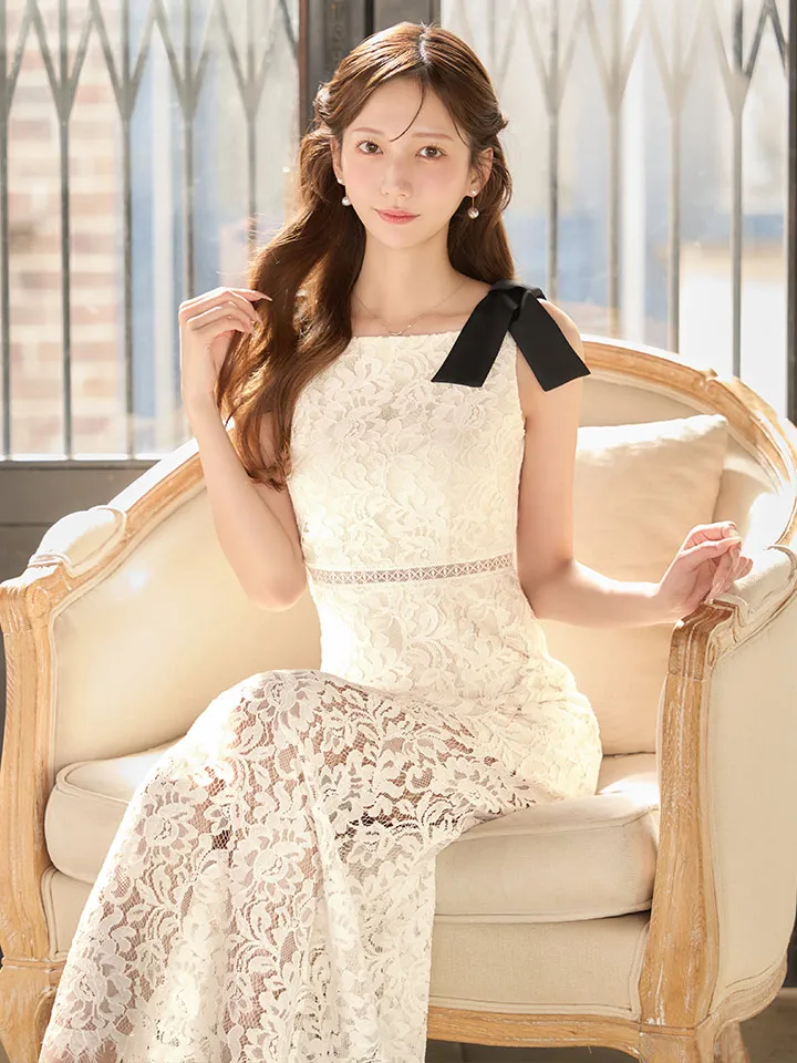 【ERUKEI エルケイ】フラワーレース/ ショルダーリボン/ 刺繍/ シンプル/ ワンカラー/ ノースリーブ/ シアー/ インナーミニ/ ワンピース/ マキシ丈/ ロングドレス/ キャバドレス long[OF2]5