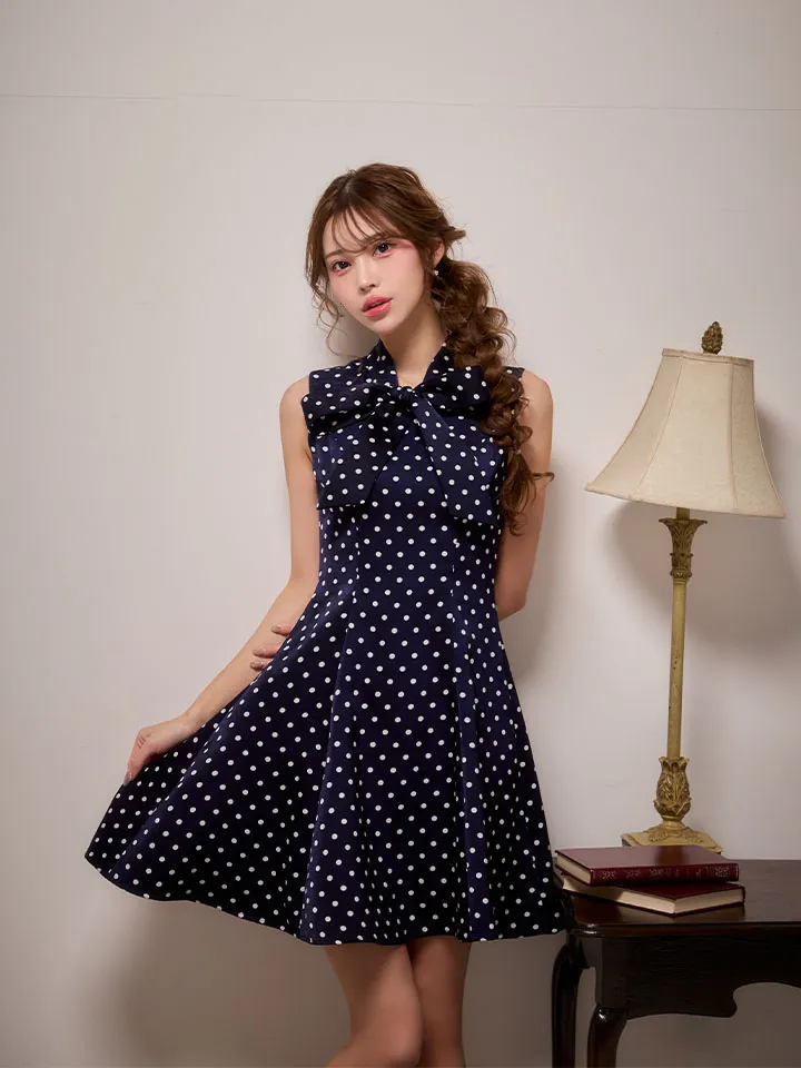 【ERUKEI エルケイ】ドット/ ノースリーブ/ プチハイネック/ リボン/ Aライン/ ワンピース/ ミニドレス/ キャバドレス2