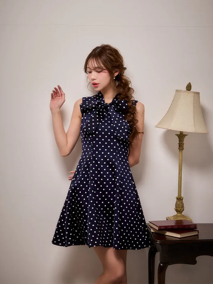 【ERUKEI エルケイ】ドット/ ノースリーブ/ プチハイネック/ リボン/ Aライン/ ワンピース/ ミニドレス/ キャバドレス4