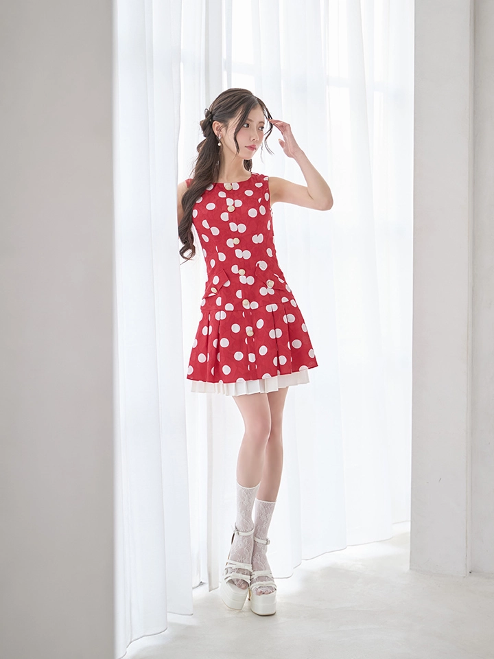 【ERUKEI エルケイ】ドット/ ノースリーブ/ 裾プリーツ/ Aライン/ ワンピース/ ミニドレス/ キャバドレス1