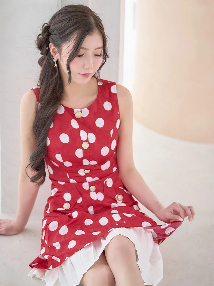 【ERUKEI エルケイ】ドット/ ノースリーブ/ 裾プリーツ/ Aライン/ ワンピース/ ミニドレス/ キャバドレス5