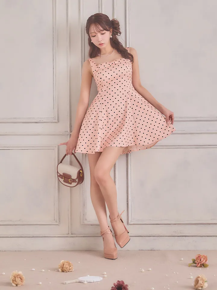 【ERUKEI エルケイ】スクエアネック/ サテン/ ノースリーブ/ バストリボン/ Aライン/ フレア/ ワンピース/ ミニドレス/ キャバドレス1