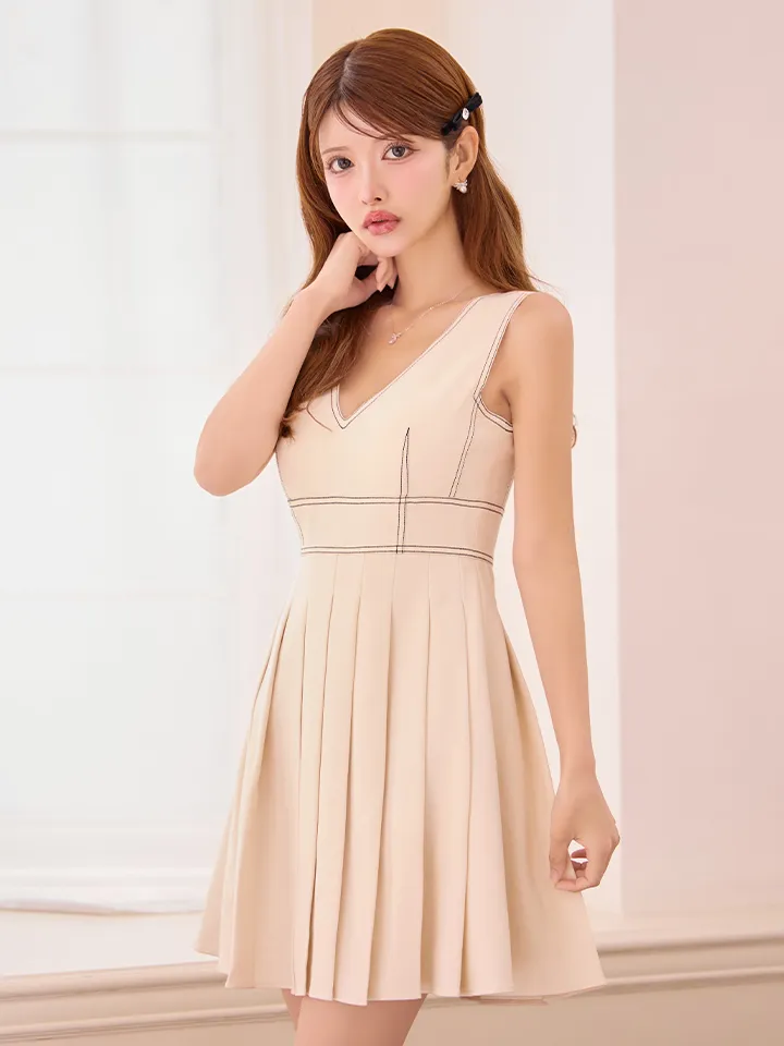 【ERUKEI エルケイ】シンプル/ Vネック/ ノースリーブ/ プリーツ/ Aライン/ フレア/ ワンピース/ ミニドレス/ キャバドレス2