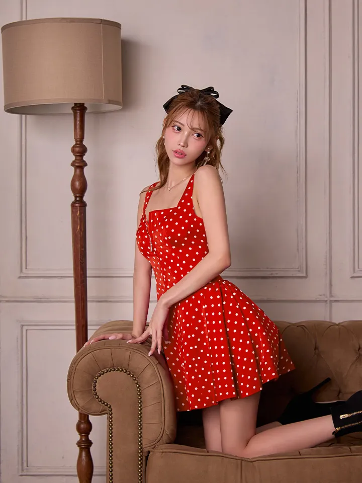 【ERUKEI エルケイ】ドット柄/ フロントジップ/ ノースリーブ/ バックスピンドル/ Aライン/ フレア/ ワンピース/ ミニドレス/ キャバドレス1