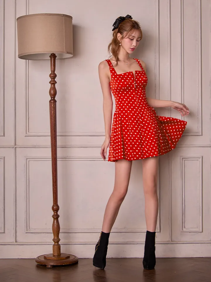 【ERUKEI エルケイ】ドット柄/ フロントジップ/ ノースリーブ/ バックスピンドル/ Aライン/ フレア/ ワンピース/ ミニドレス/ キャバドレス3