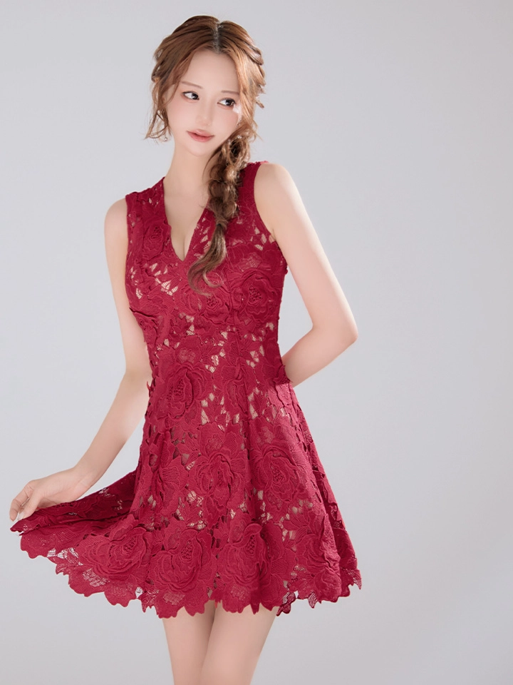 【ERUKEI エルケイ】フラワーレース/ 総レース/ ノースリーブ/ Vネック/ フレア/ Aライン/ ワンピース/ ミニドレス/ キャバドレス2