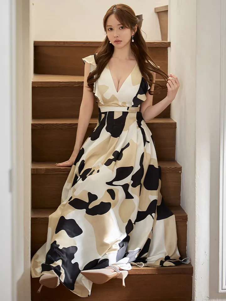 【ERUKEI エルケイ】マルチカラー/ プリント/ Vネック/ ショルダーフリル/ フレア/ ワンピース/ ロングドレス/ キャバドレスlong3