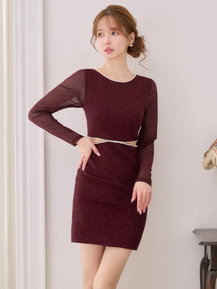 【ERUKEI エルケイ】ラメ/ カットアウト/ ラインストーン/ メッシュ/ 長袖/ ロングスリーブ/ タイト/ ミニドレス/ キャバドレス1