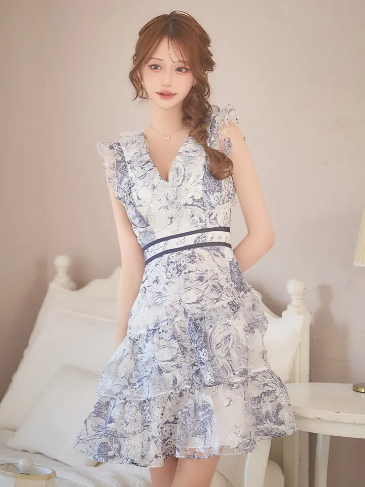 【ERUKEI エルケイ】ショルダーフリル/ Vネック/ トワルドジュイ/ シフォン/ ティアード/ フレア/ ミニドレス/ キャバドレス2