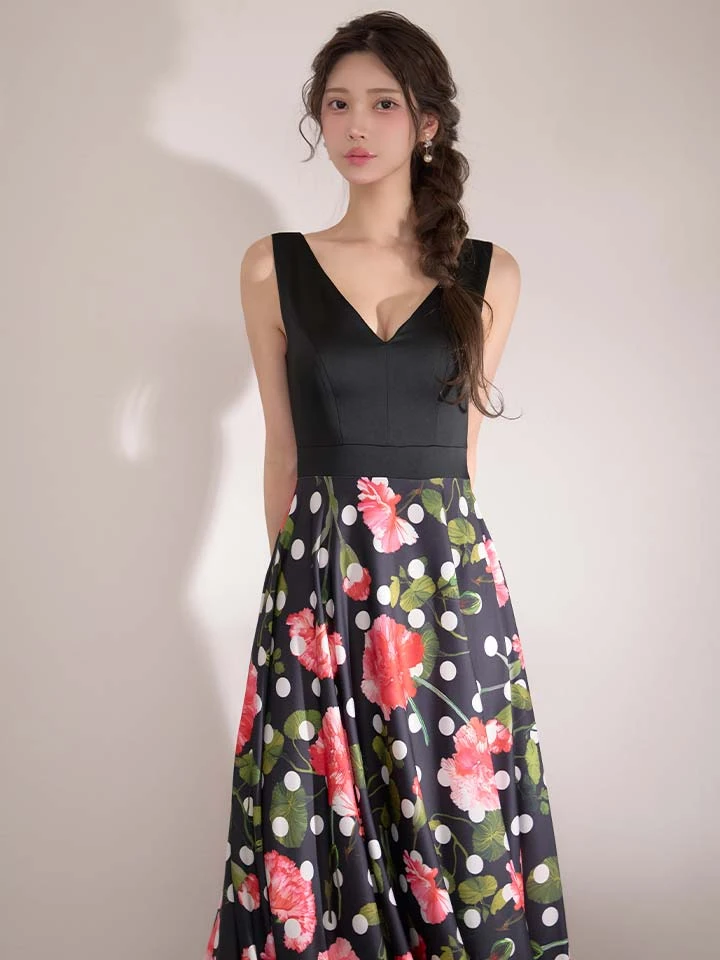 【ERUKEI エルケイ】ドットフラワープリント/ 切替デザイン/ノースリーブ/ Aライン/ ロングドレス / キャバドレス long2