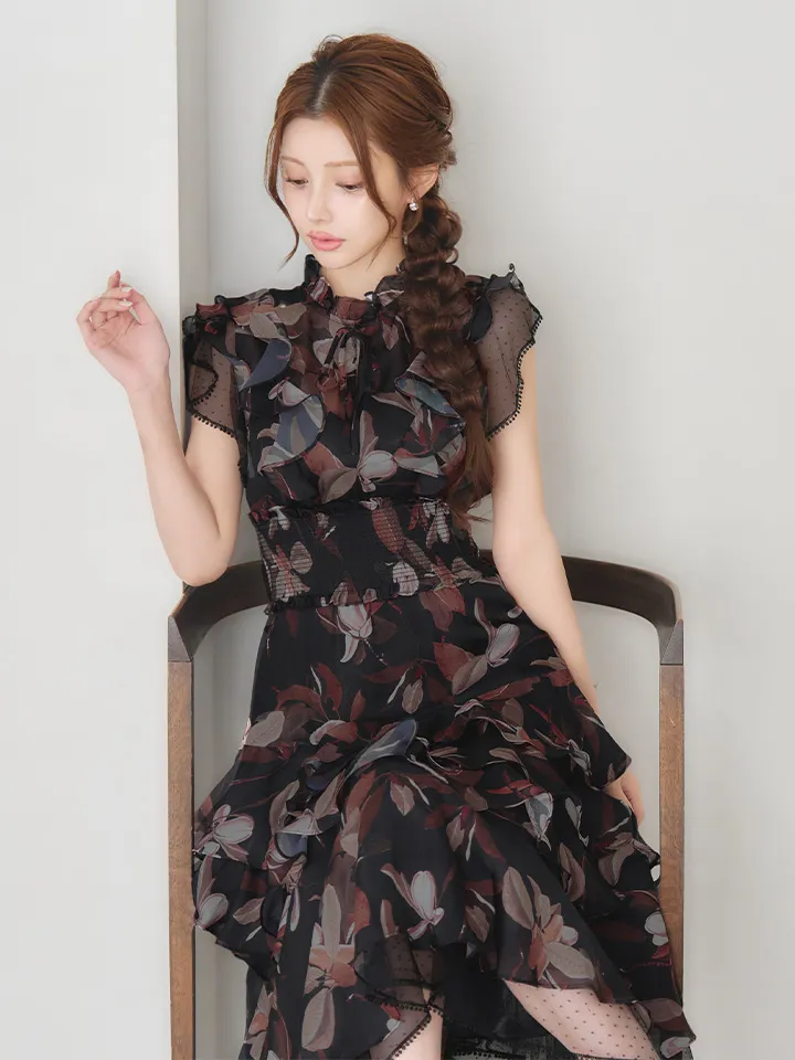 【SETTAN/セッタン】プチハイネック/ ティアード/ フリルスリーブ/ Aライン/ シフォン/ ワンピース/ ミディアムドレス/ キャバドレス1