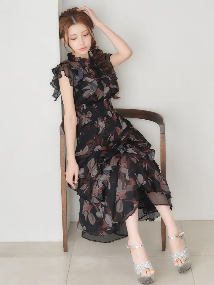 【SETTAN/セッタン】プチハイネック/ ティアード/ フリルスリーブ/ Aライン/ シフォン/ ワンピース/ ミディアムドレス/ キャバドレス3